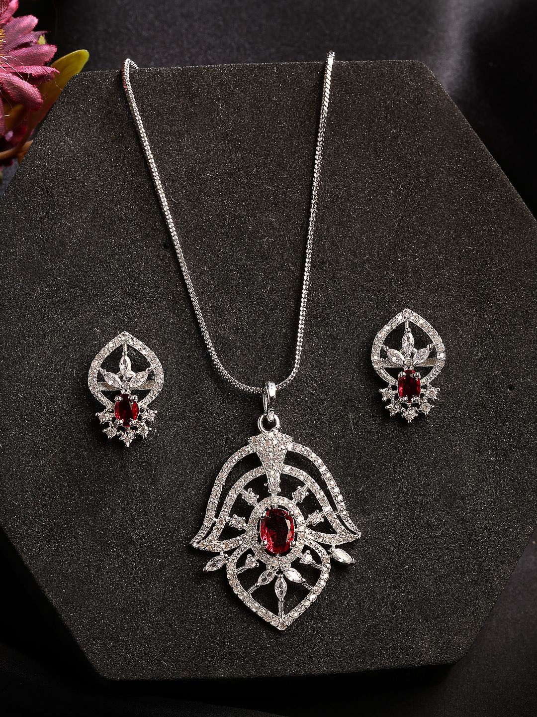 

NVR Girls Silver Plated American Diamond Stone-Studded Jewellery Set