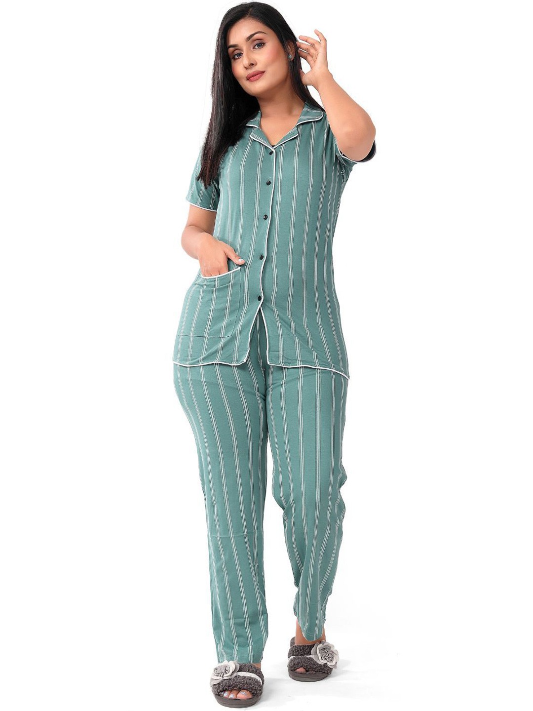 

SWEET MOON Striped Pure Cotton Night suit, Green