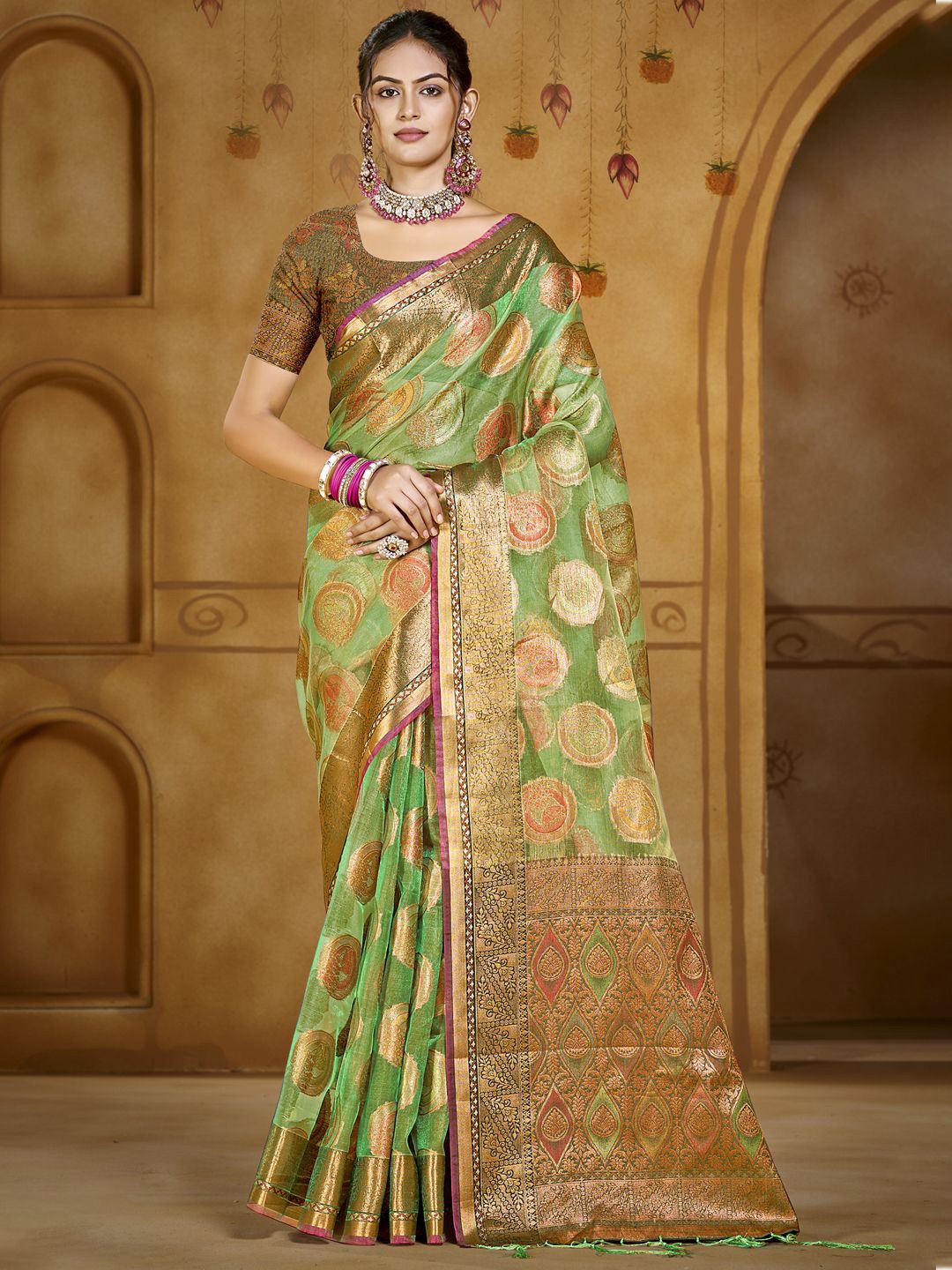 

SANGAM PRINTS Woven Design Zari Organza Designer Tussar Saree, Green