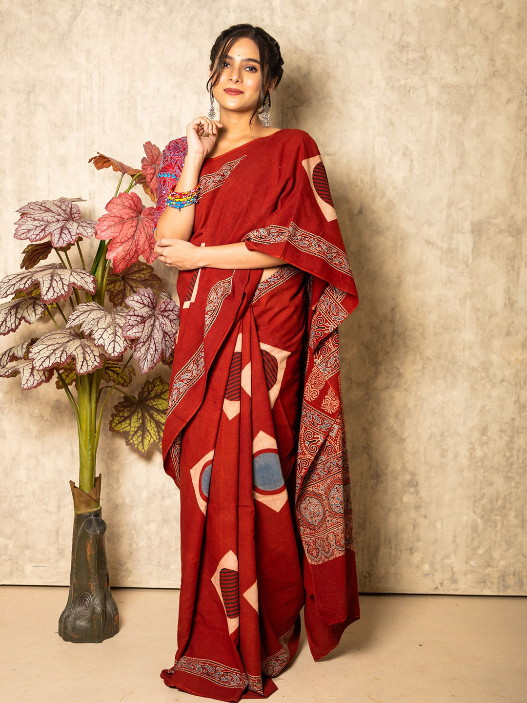 

Uttariya Ajrakh Organic Pure Cotton Saree, Rust