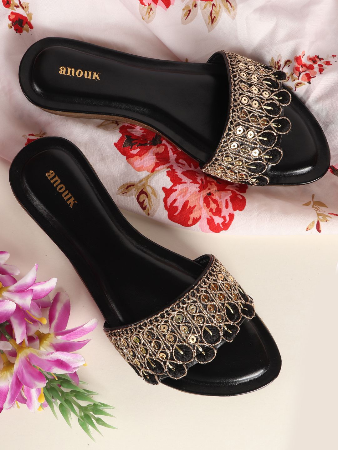 

Anouk Women Embellished Party Open Toe Flats, Black