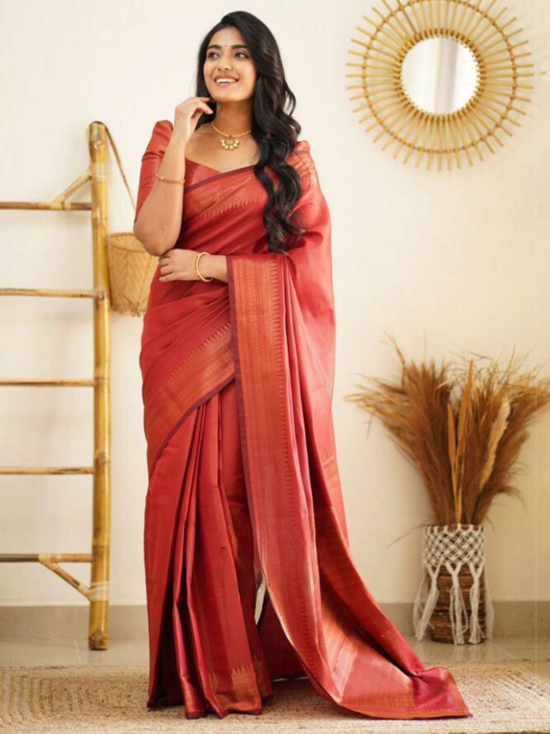 

Jinax Zari Pure Silk Banarasi Saree, Red