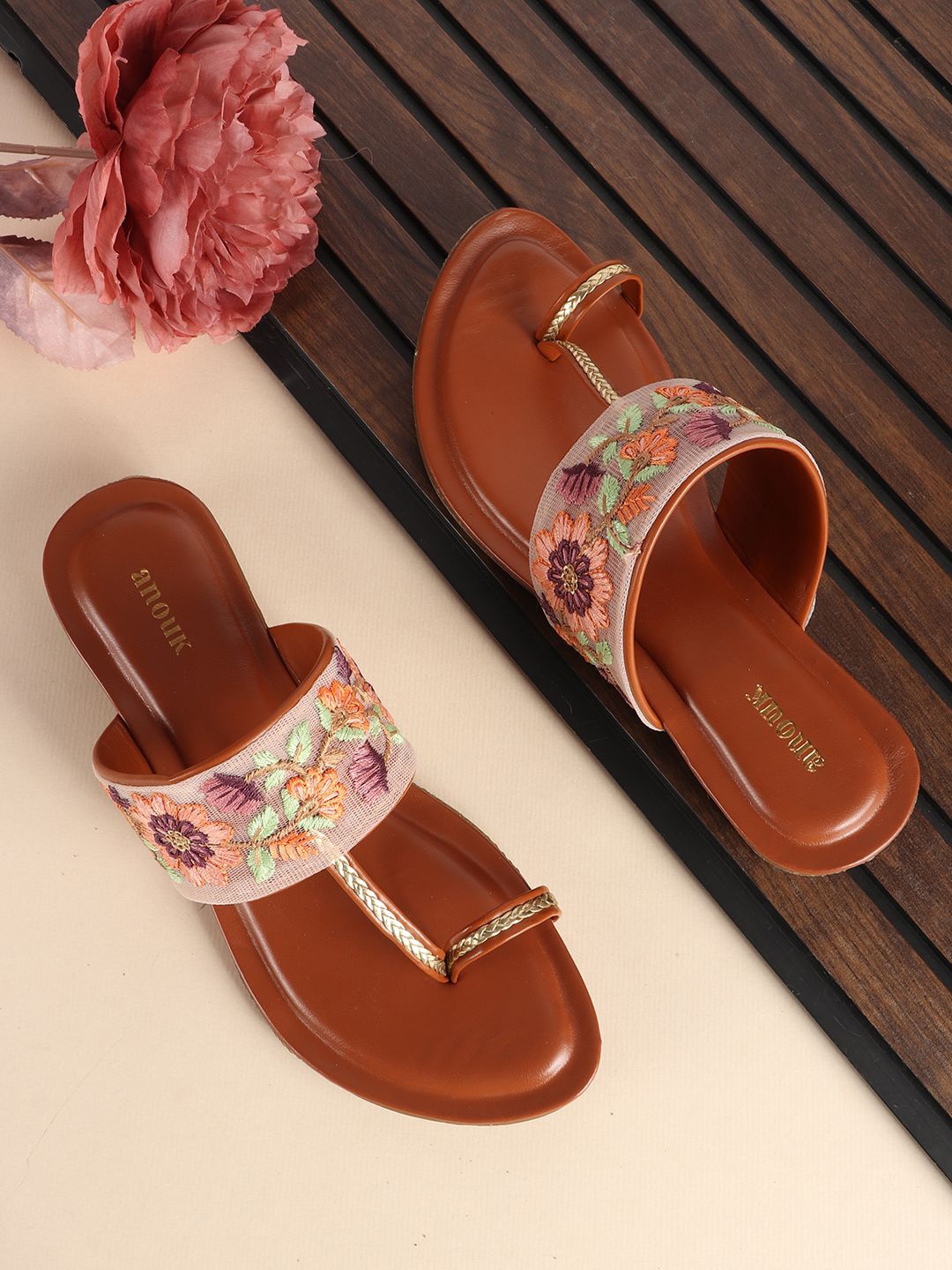 

Anouk Women Printed Party Open Toe Flats, Tan