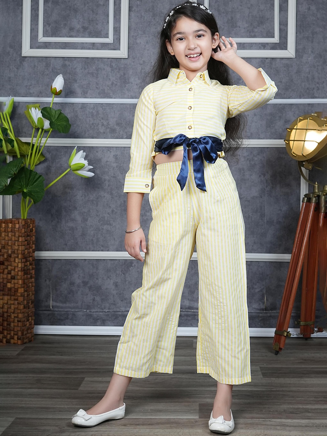 

RANJ Girls Striped Knotted Shirt & Trouser Clothing Set, Yellow