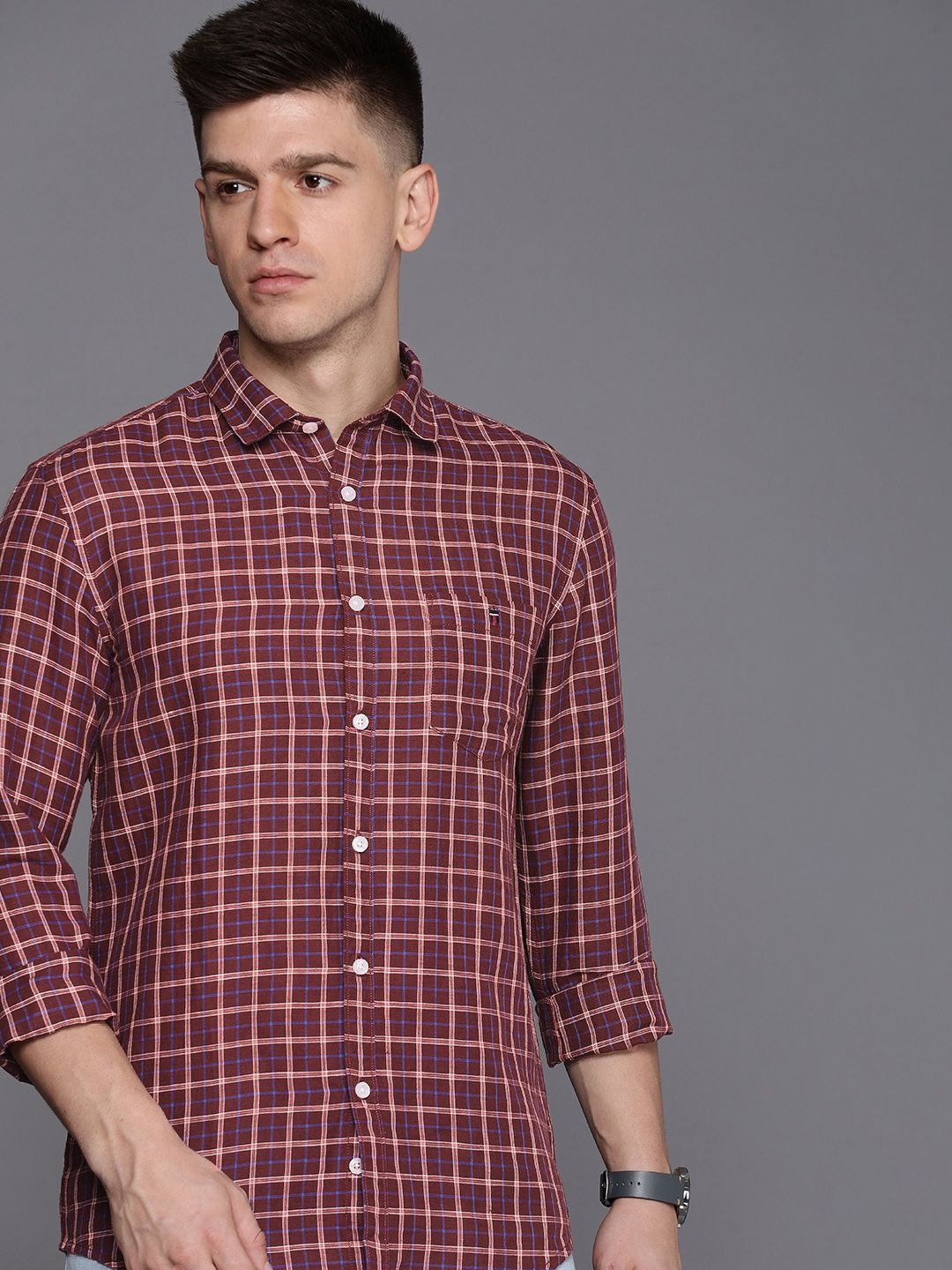 

Louis Philippe Jeans Slim Fit Tartan Checks Pure Cotton Casual Shirt, Maroon