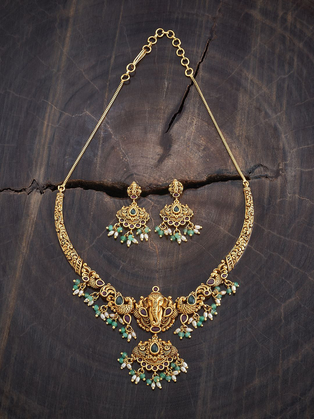 

Kushal's Fashion Jewellery Gold-Plated Stone-Studded & Beaded Ganesh Goddess Jewellery Set