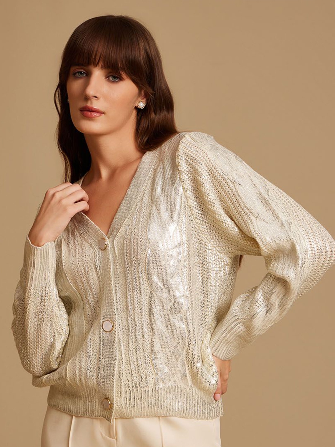 

Kazo Women Cable Knit Cardigan with Embellished Detail, Silver