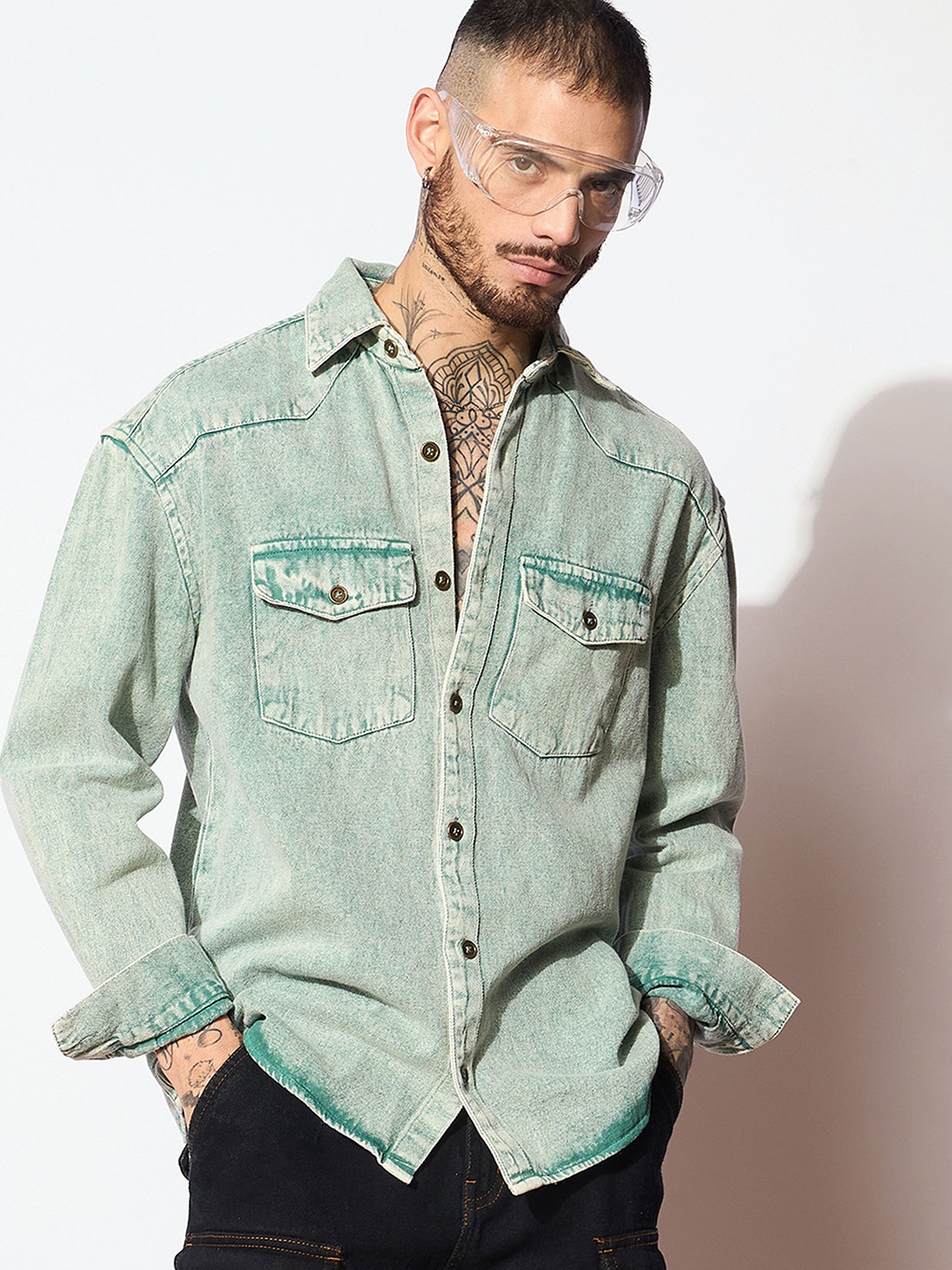 

MASCLN SASSAFRAS Men Relaxed Faded Opaque Faded Casual Shirt, Green