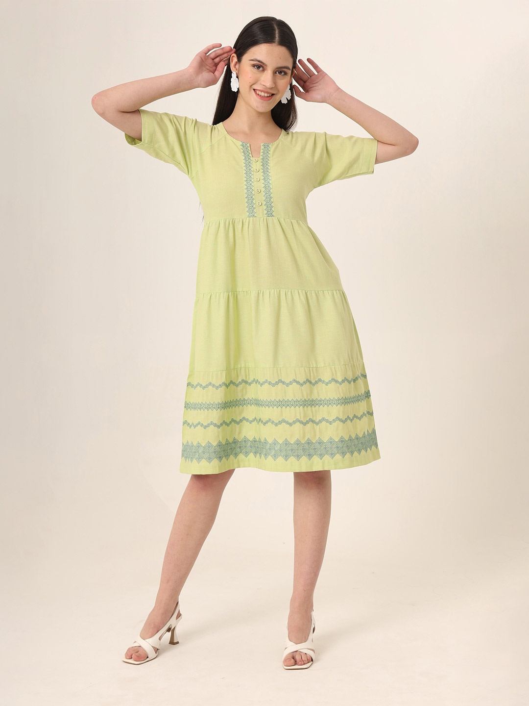 

VINISHAA KLOTHING Formal Embroidered Fit & Flare Dress, Green