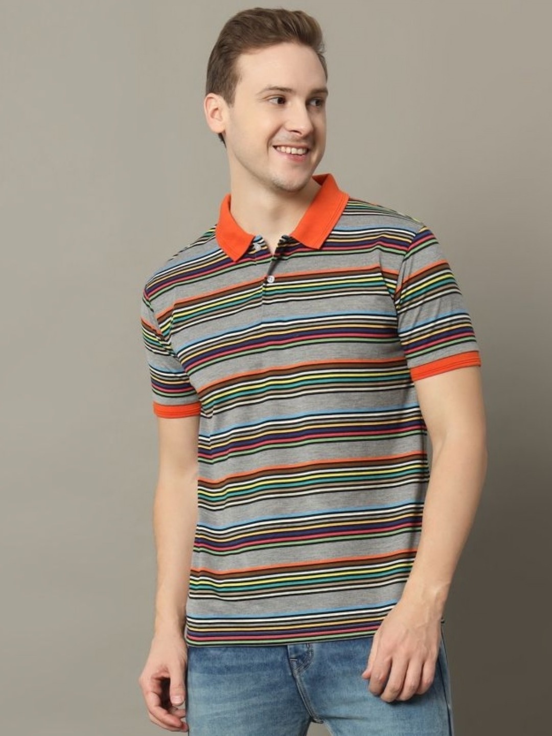 

GET GOLF Men Striped Polo Collar Cotton T-shirt, Orange