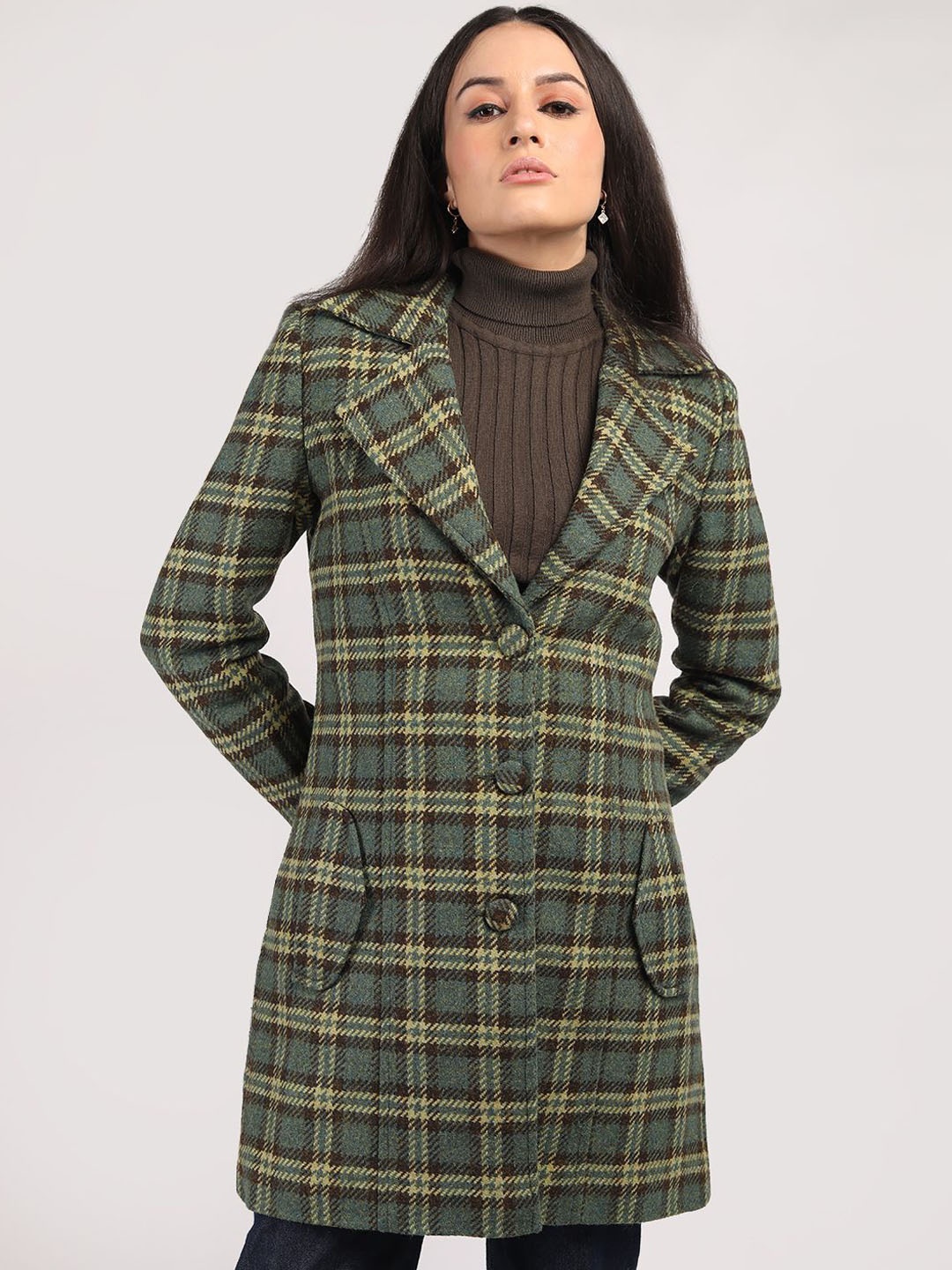 

The Roadster Lifestyle Co Wide Check Single Breasted Overcoat, Green