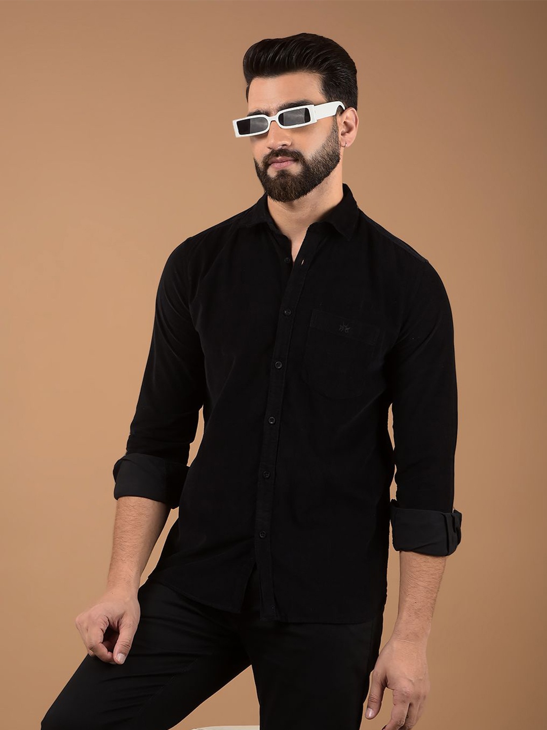 

Crimsoune Club Men Classic Spread Collar Solid Cotton Slim Fit Casual Shirt, Black
