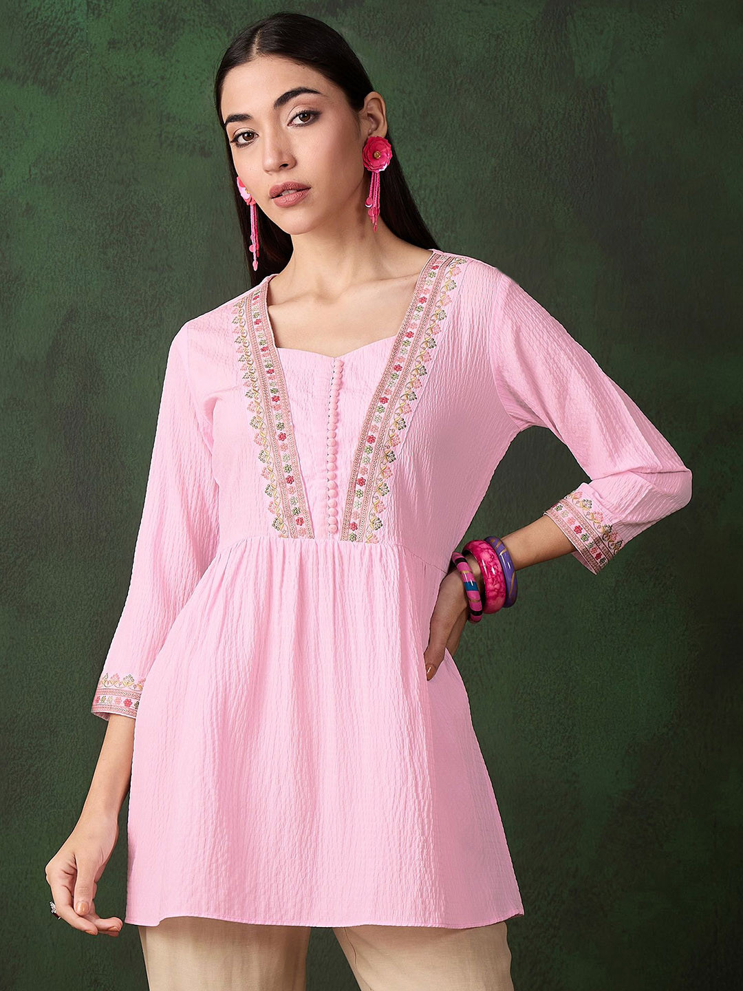

Sangria Floral Thread Work Embroidered A-Line Kurti, Pink