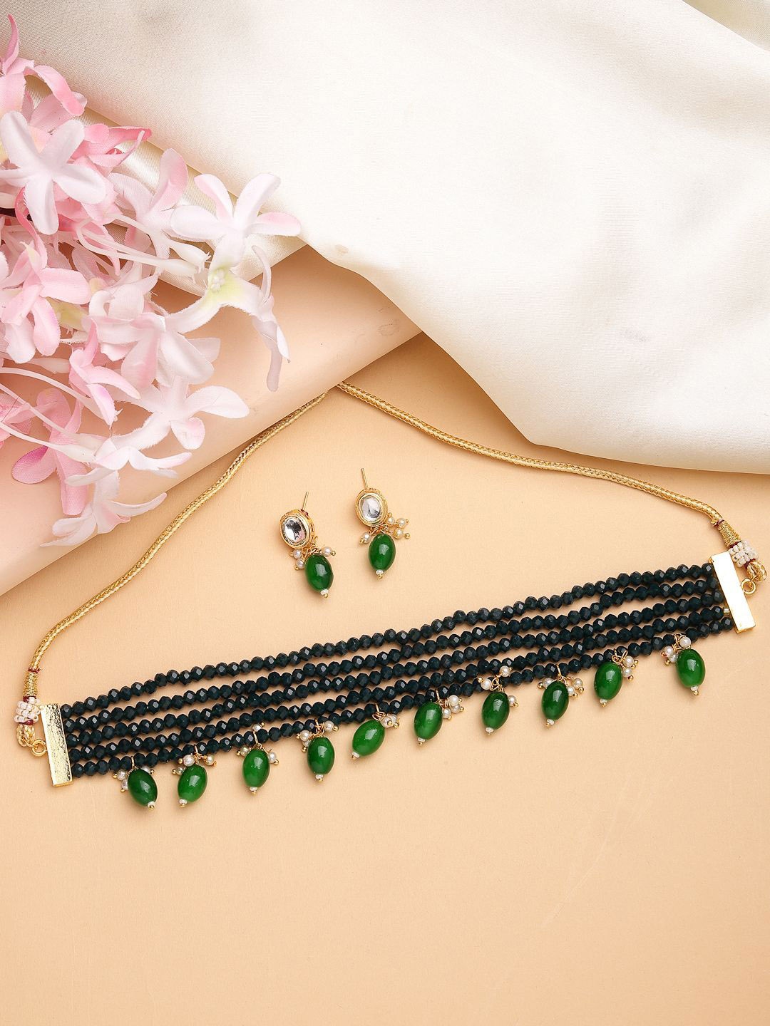 

NVR Girls Gold Plated Beaded & Stone Studded Layered Jewellery Set, Green