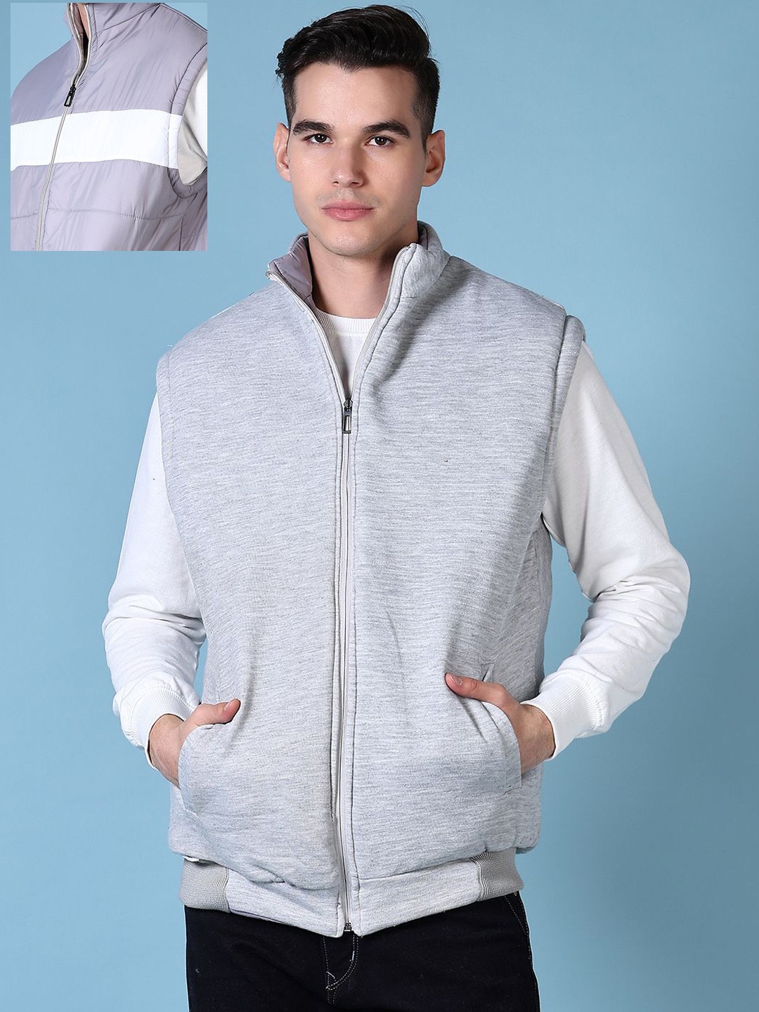 

V-Mart Men Colourblocked Bomber with Patchwork Jacket, Grey