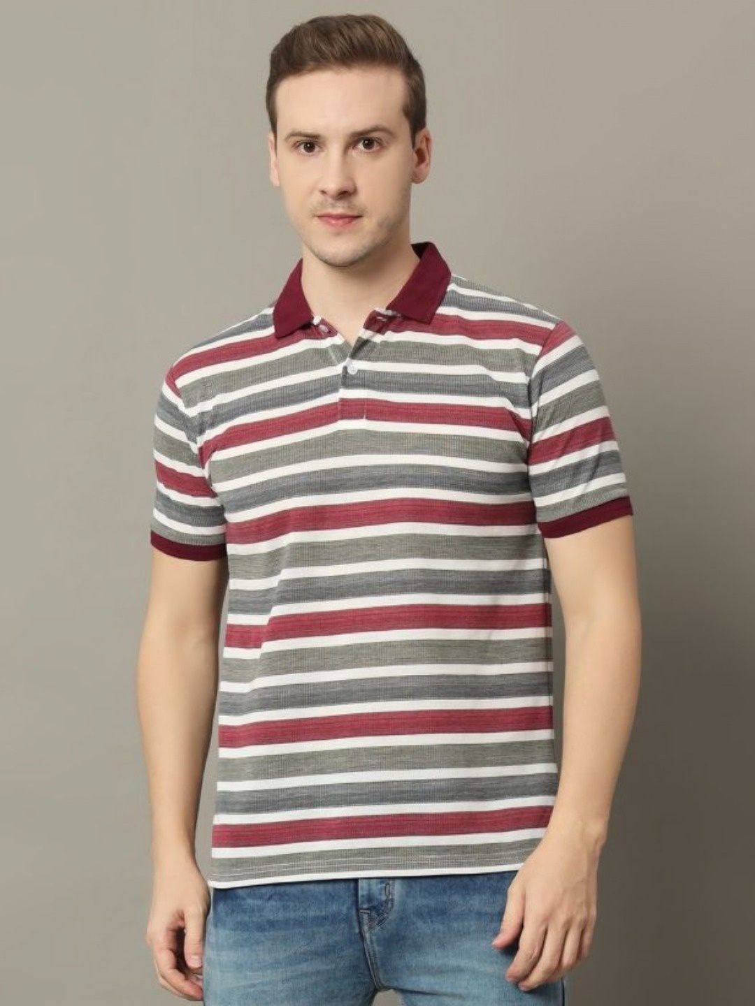 

GET GOLF Men Striped Polo Collar Cotton T-shirt, Maroon