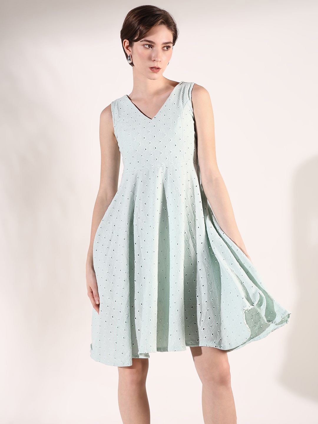 

SHOWOFF Women Cotton Embroidered Fit & Flare Dress, Green