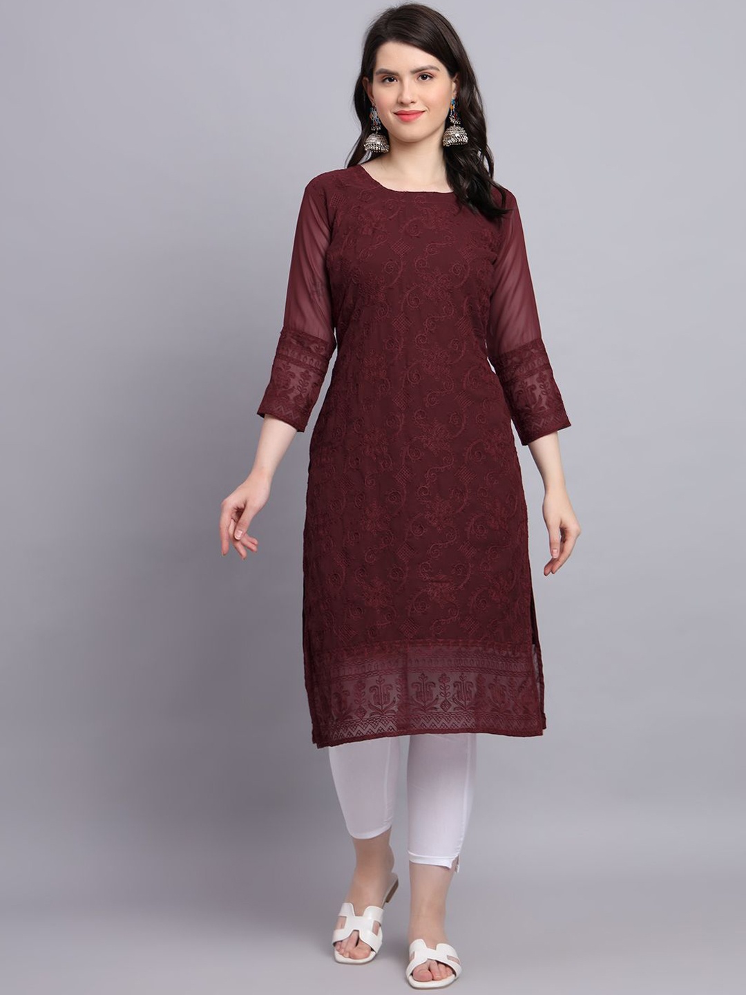 

HERE&NOW Women Floral Embroidered Thread Work Georgette Kurta, Brown