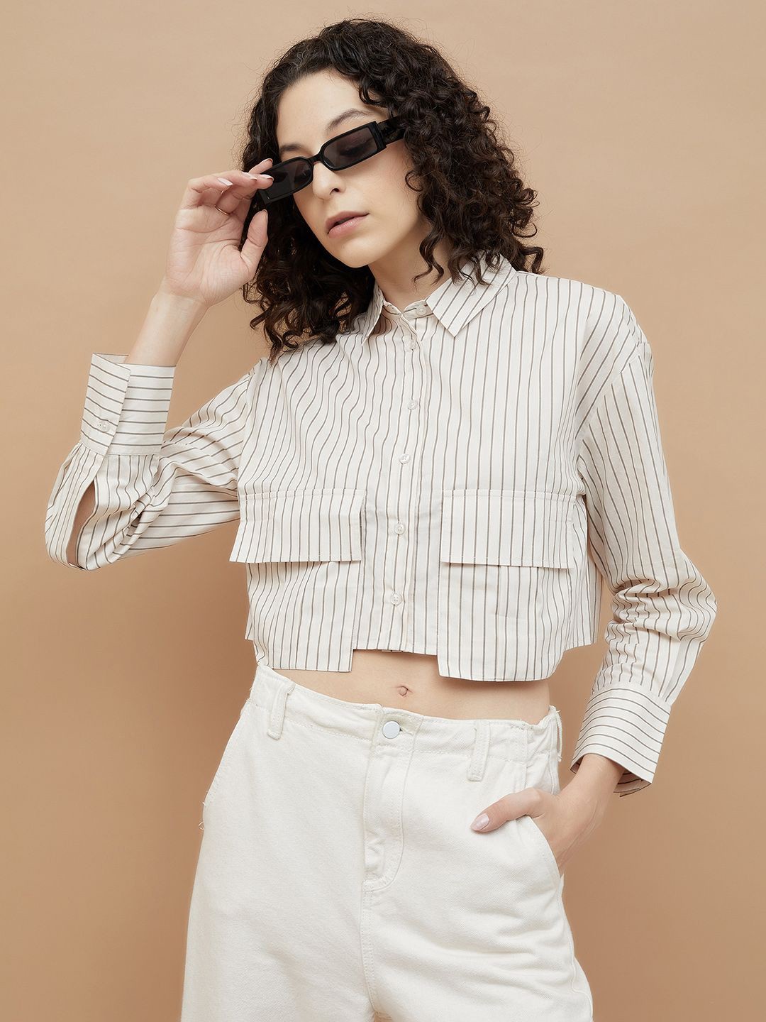 

Ginger by Lifestyle Women Cutaway Collar Vertical Striped Cotton Casual Shirt, Off white