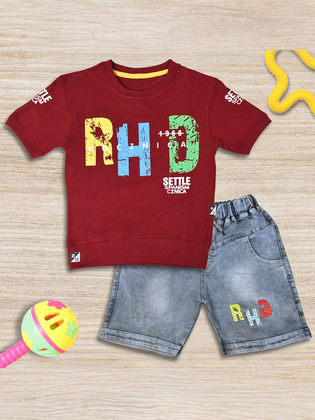 

BAESD Boys Printed T-shirt with Shorts, Maroon