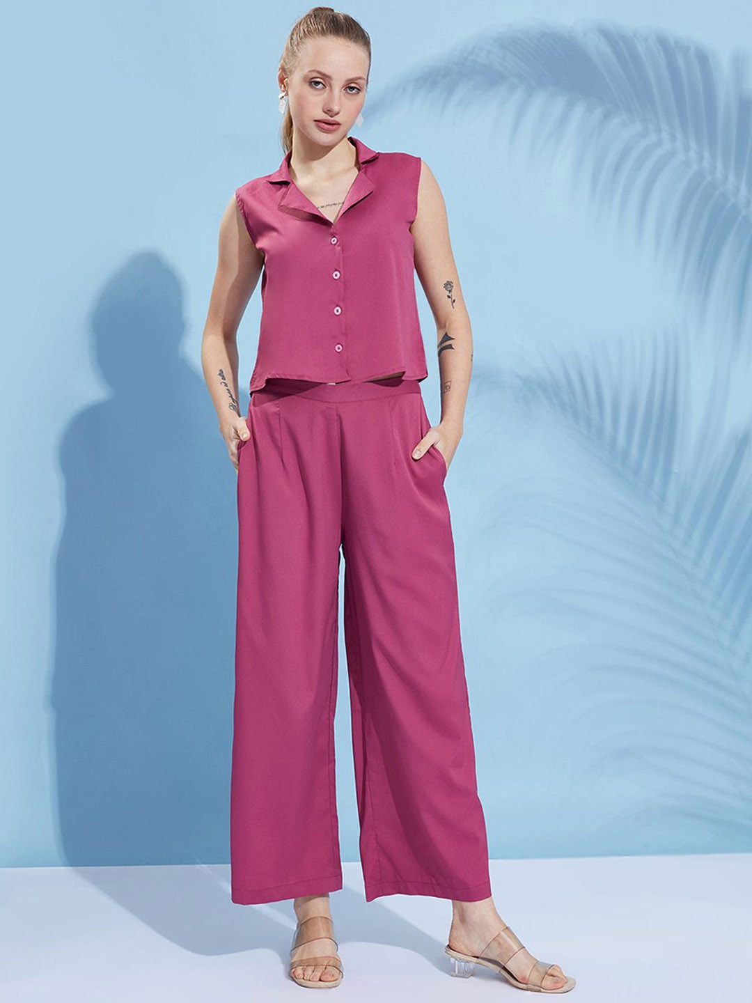 

DressBerry Burgundy Notch Lapel Collar Texture Top With Trouser