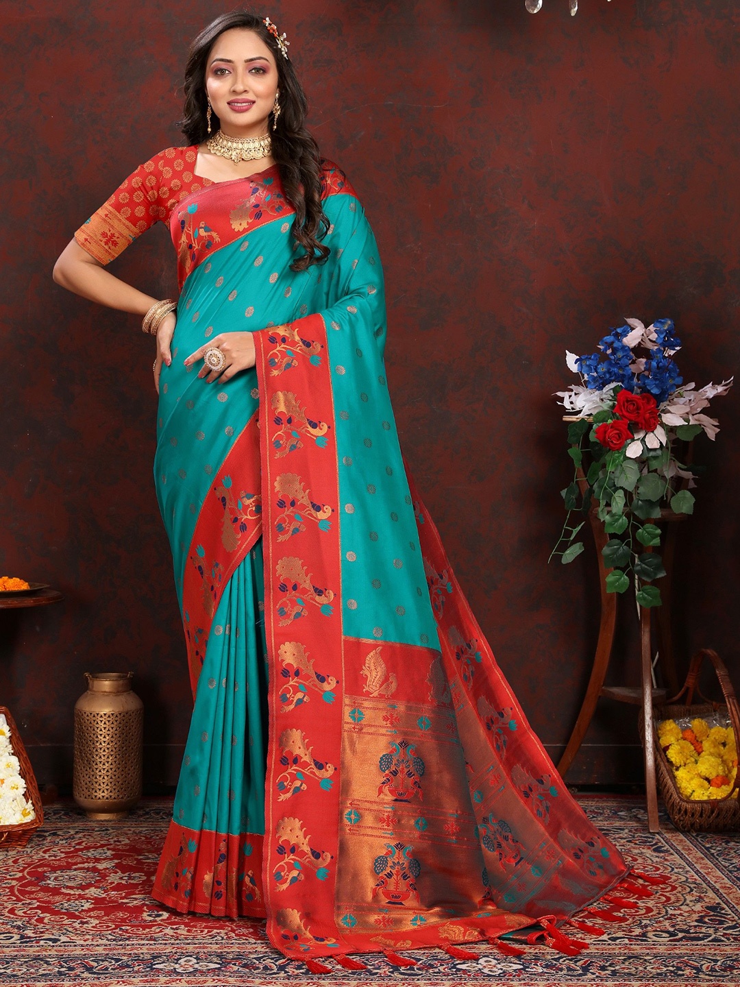 

Anaita Woven Design Zari Silk Blend Paithani Saree, Teal