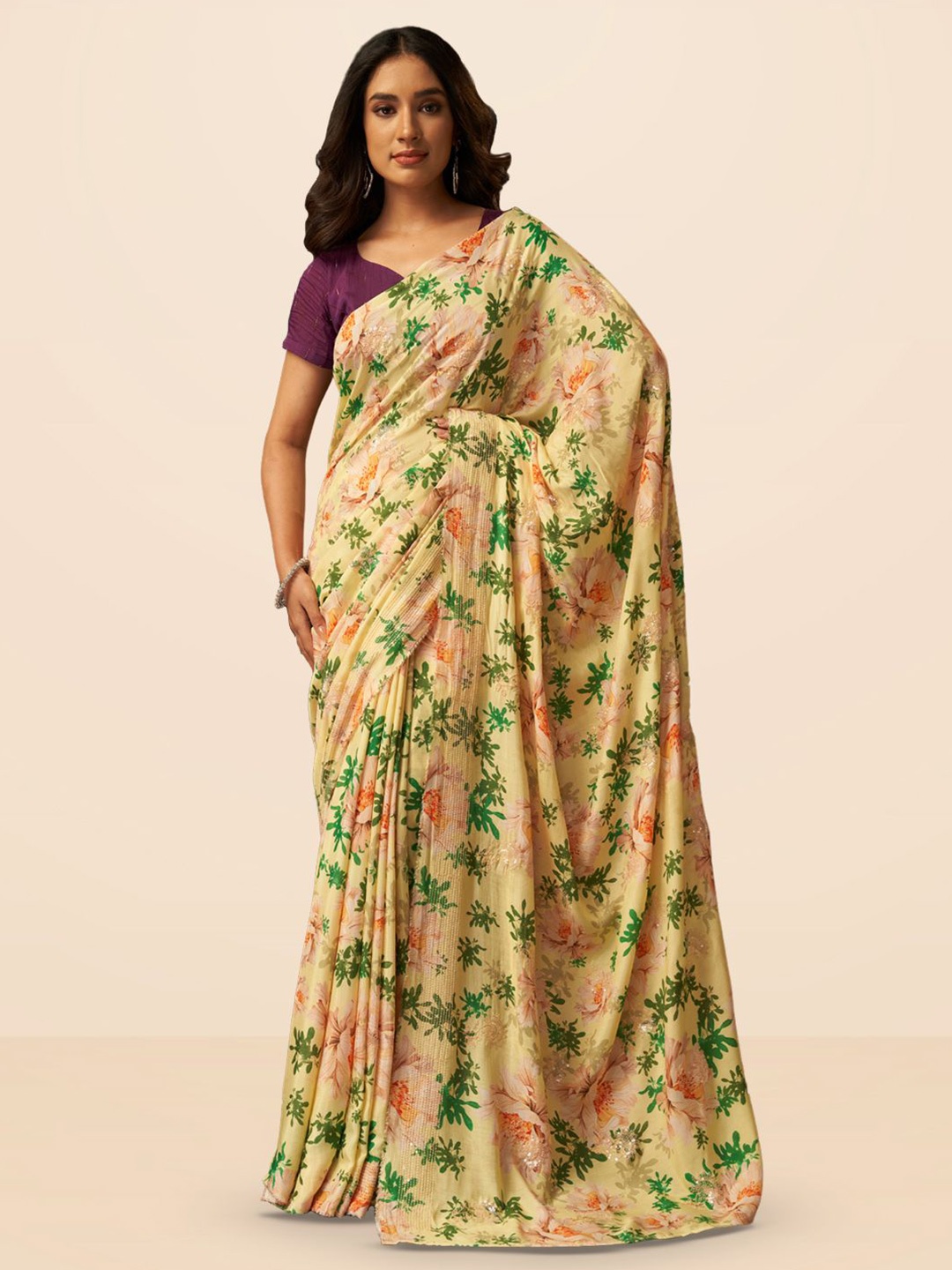 

SARHA Floral Pure Georgette Saree, Yellow