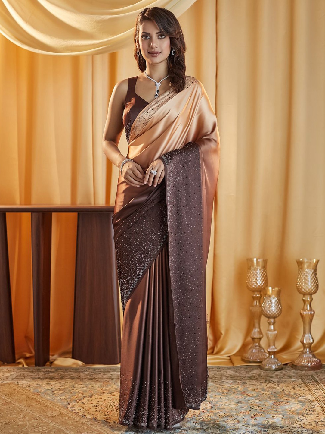 

kasee Ombre Beads and Stones Satin Saree, Brown