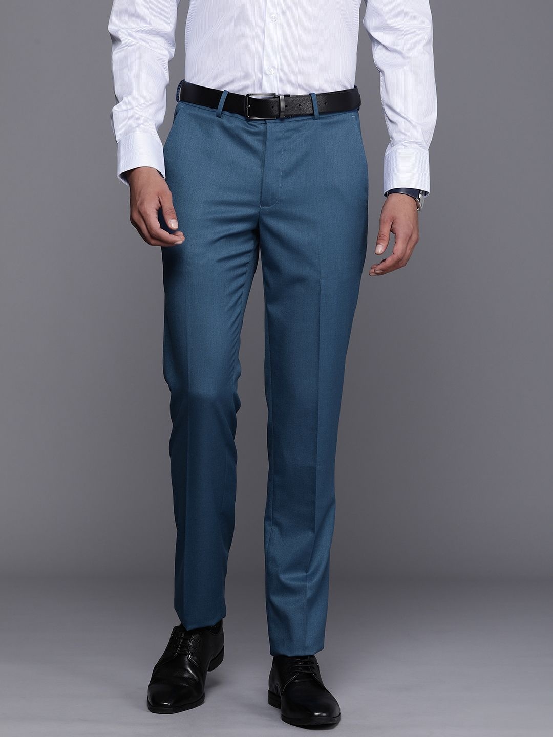 

Louis Philippe Men Solid Slim Fit Mid-Rise Formal Trousers, Blue