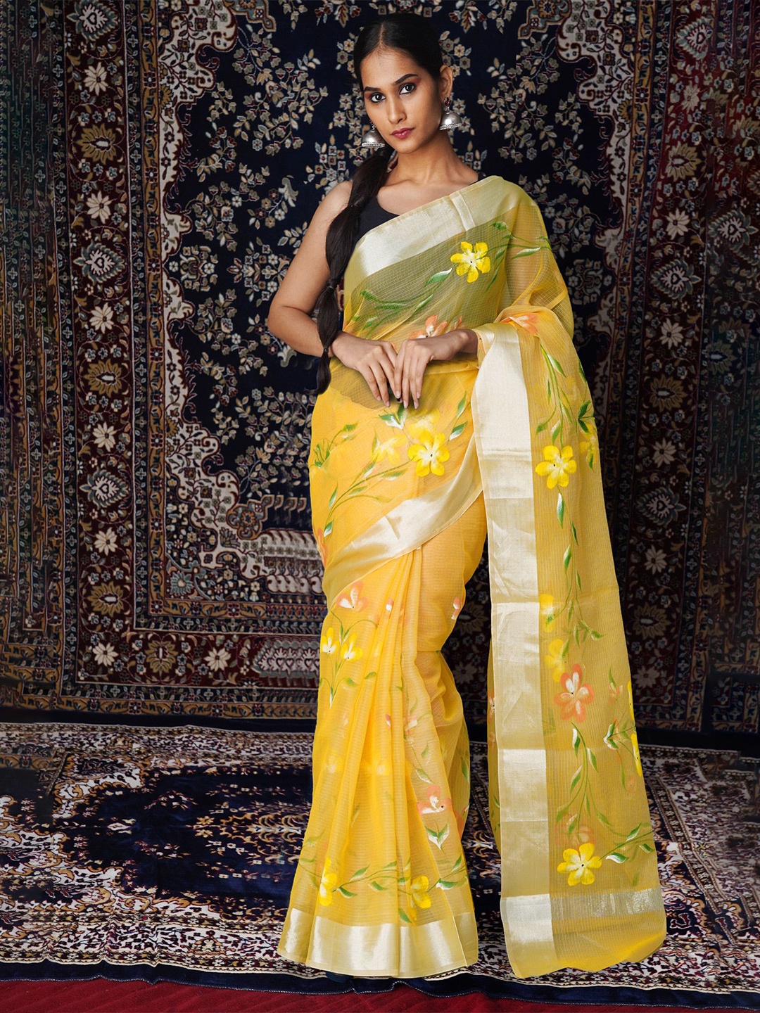 

Unnati Silks Floral Zari Net Designer Kota Saree, Yellow