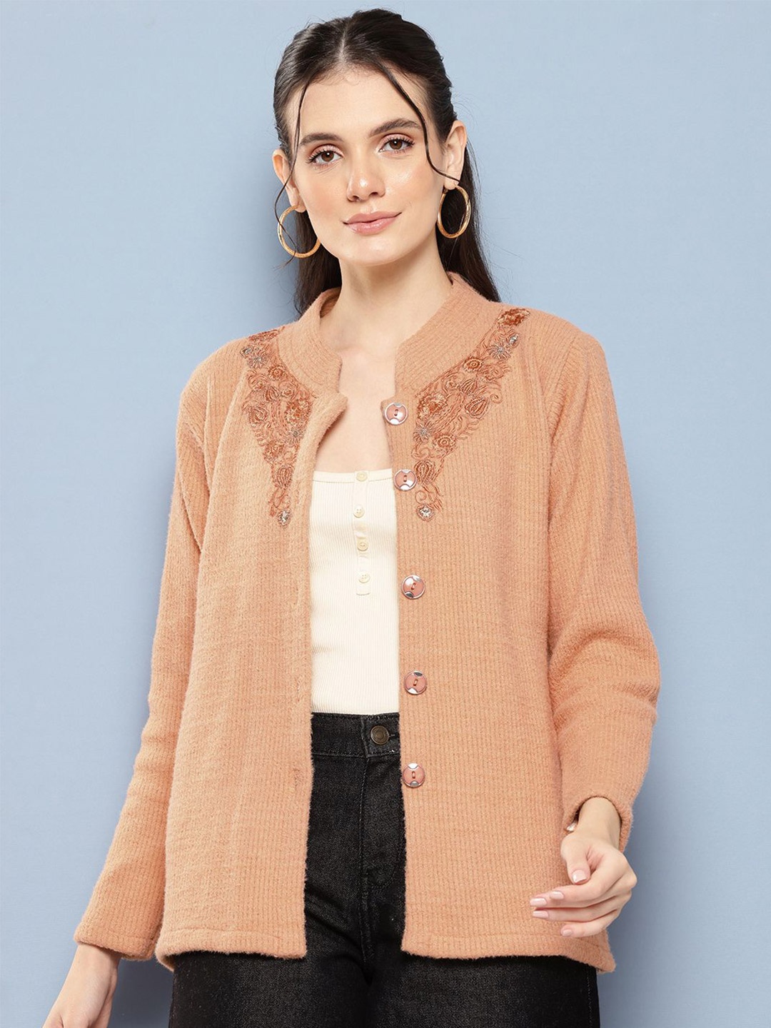 

BAESD Women Floral Woollen Cardigan, Peach