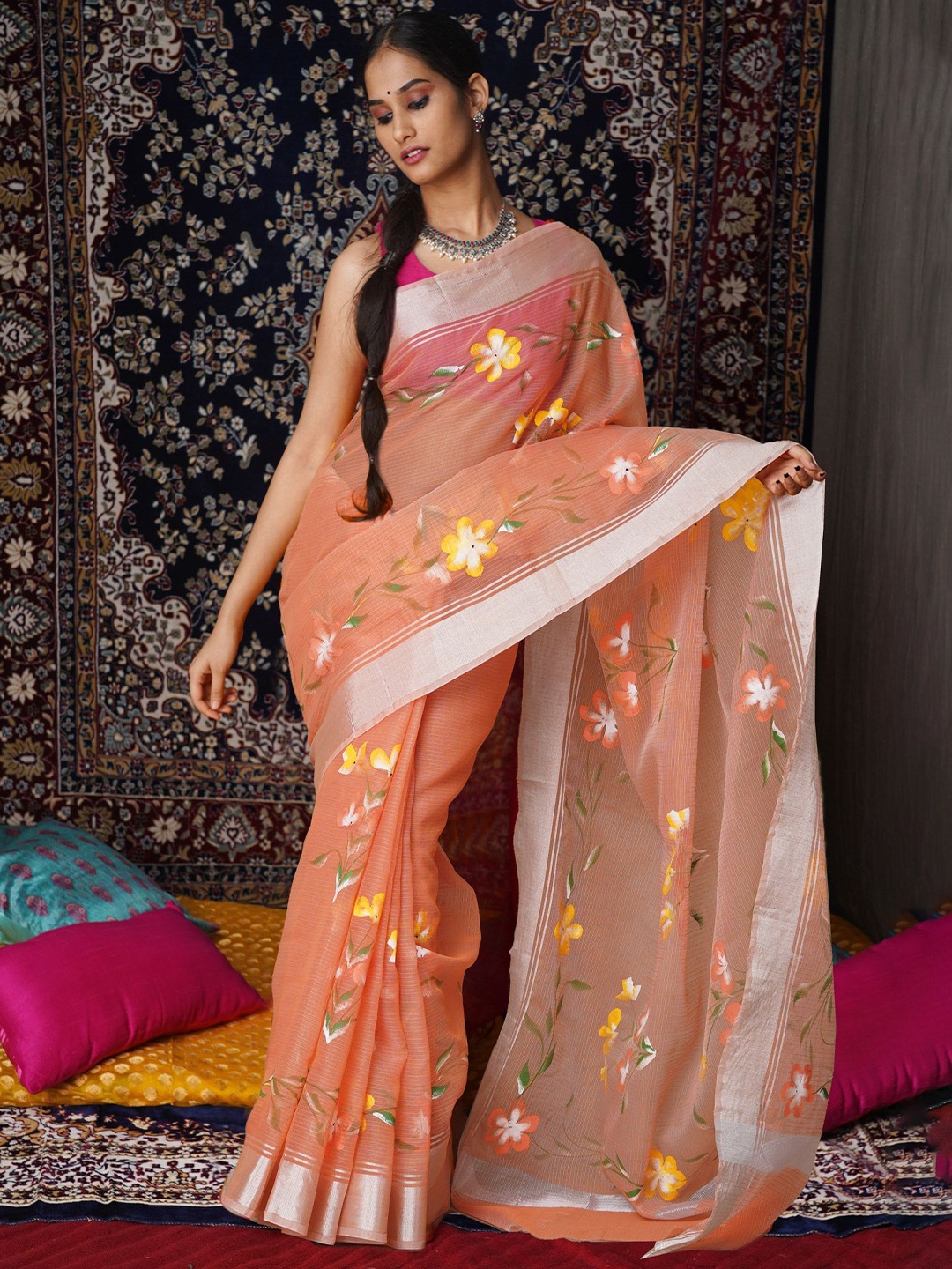 

Unnati Silks Floral Zari Net Handloom Kota Saree, Orange