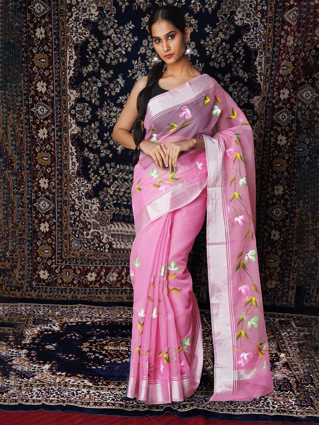 

Unnati Silks Floral Zari Net Handloom Kota Saree, Pink