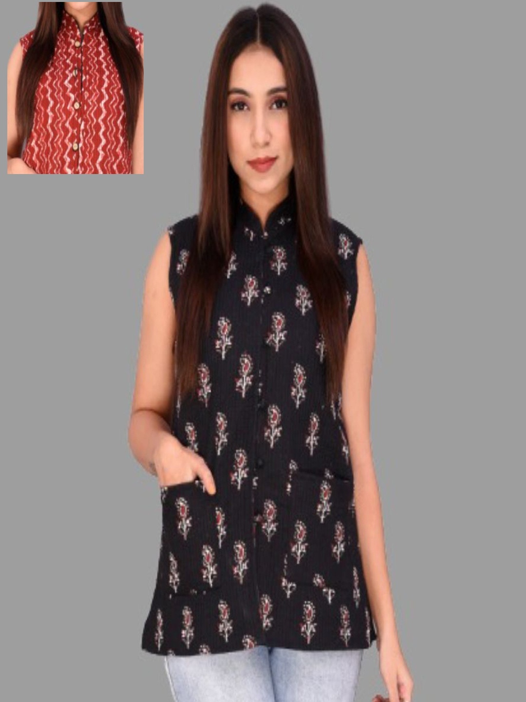 

Apratim Women Floral Reversible Longline Tailored Jacket, Black