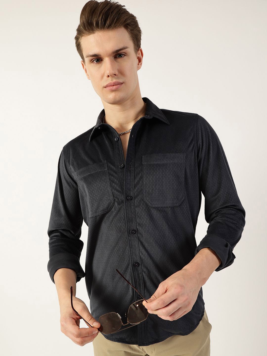 

Thomas Scott Men Classic Spread Collar Textured Slim Fit Casual Shirt, Black
