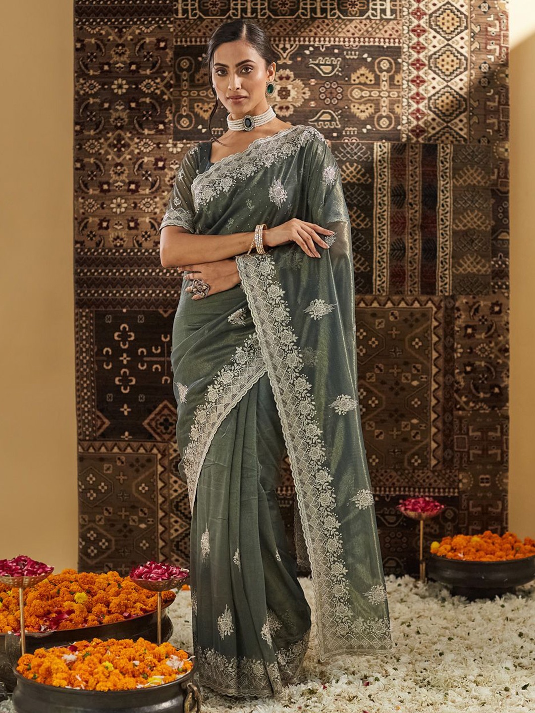 

kasee Embellished Beads and Stones Supernet Saree, Olive