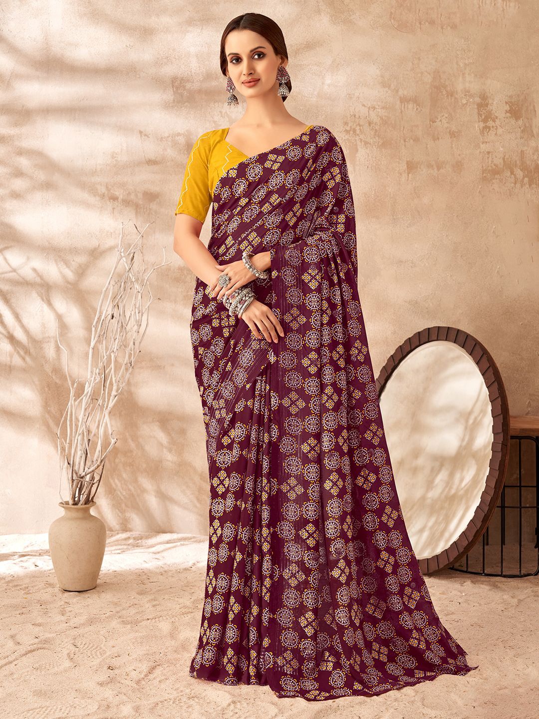 

SARHA Ajrak Block Pure Georgette Saree, Maroon