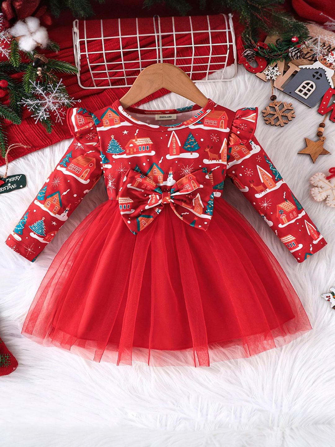 

INCLUD Print Fit & Flare Dress, Red