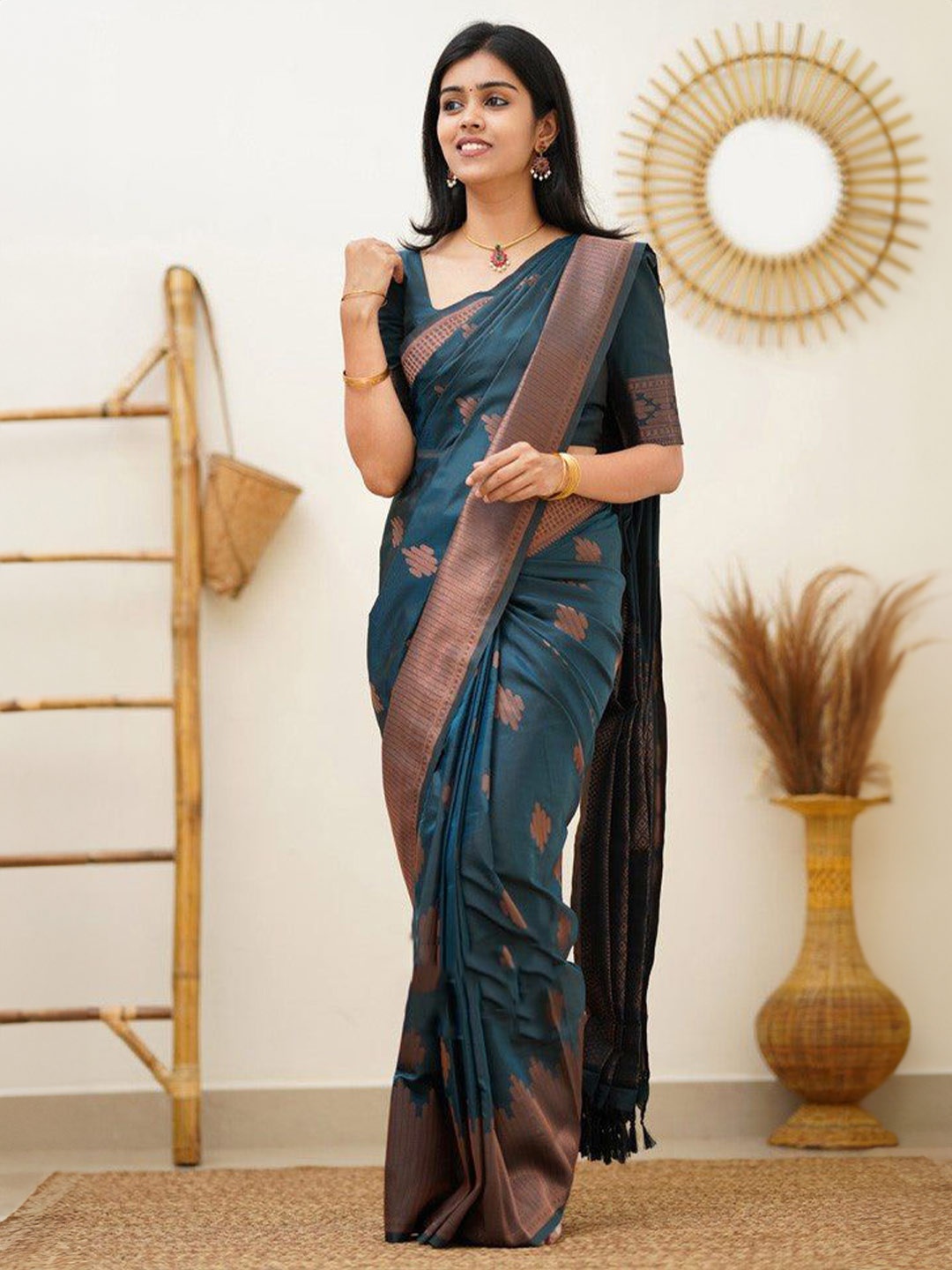 

Jinax Woven Design Zari Pure Silk Ready to Wear Banarasi Saree, Teal