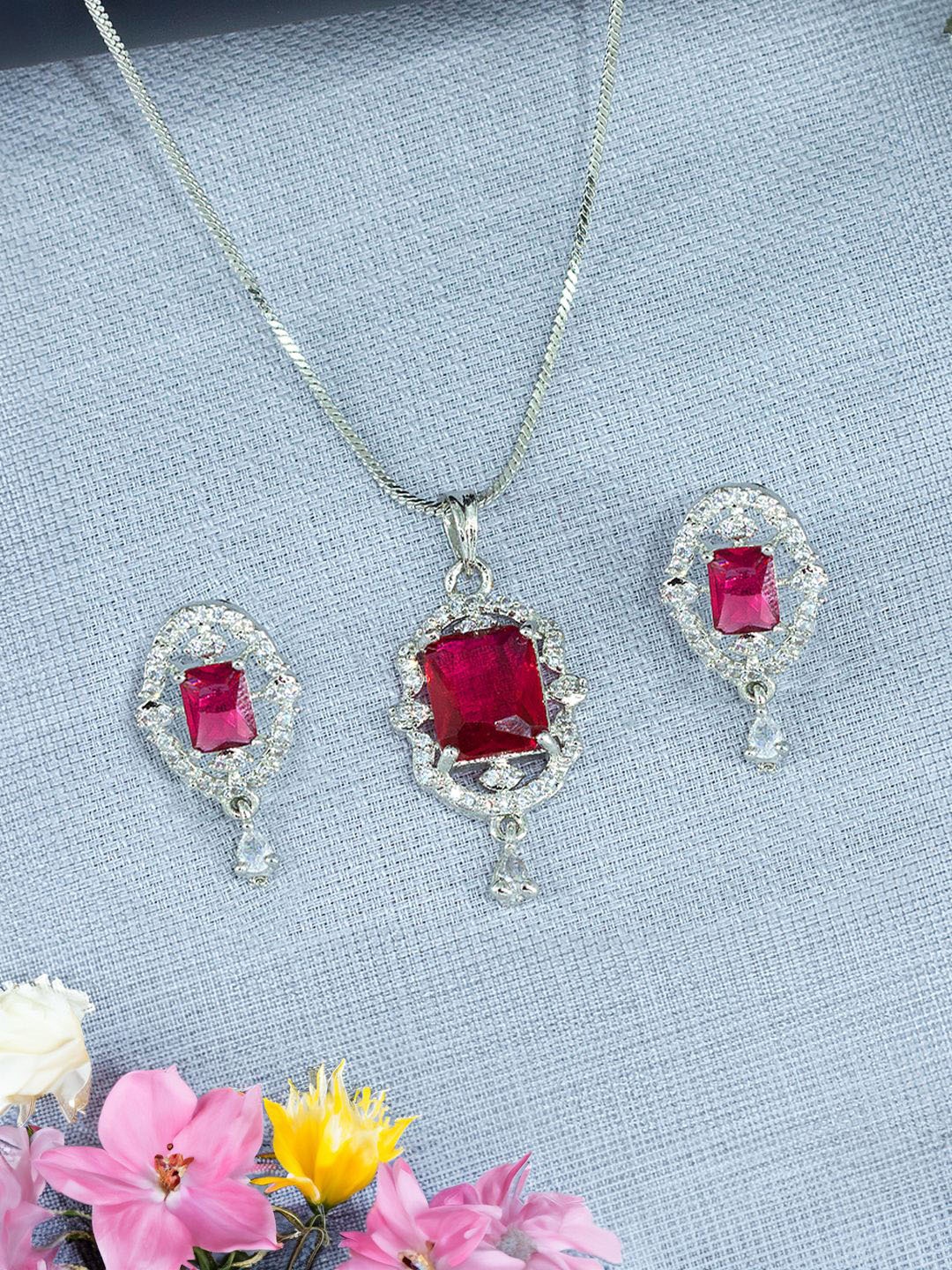 

PRIVIU Rhodium-Plated AD Stone-Studded Jewellery Set, Silver