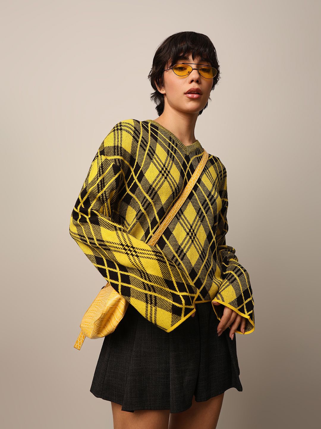 

ONLY Women Checked Pullover with Fuzzy Detail, Yellow