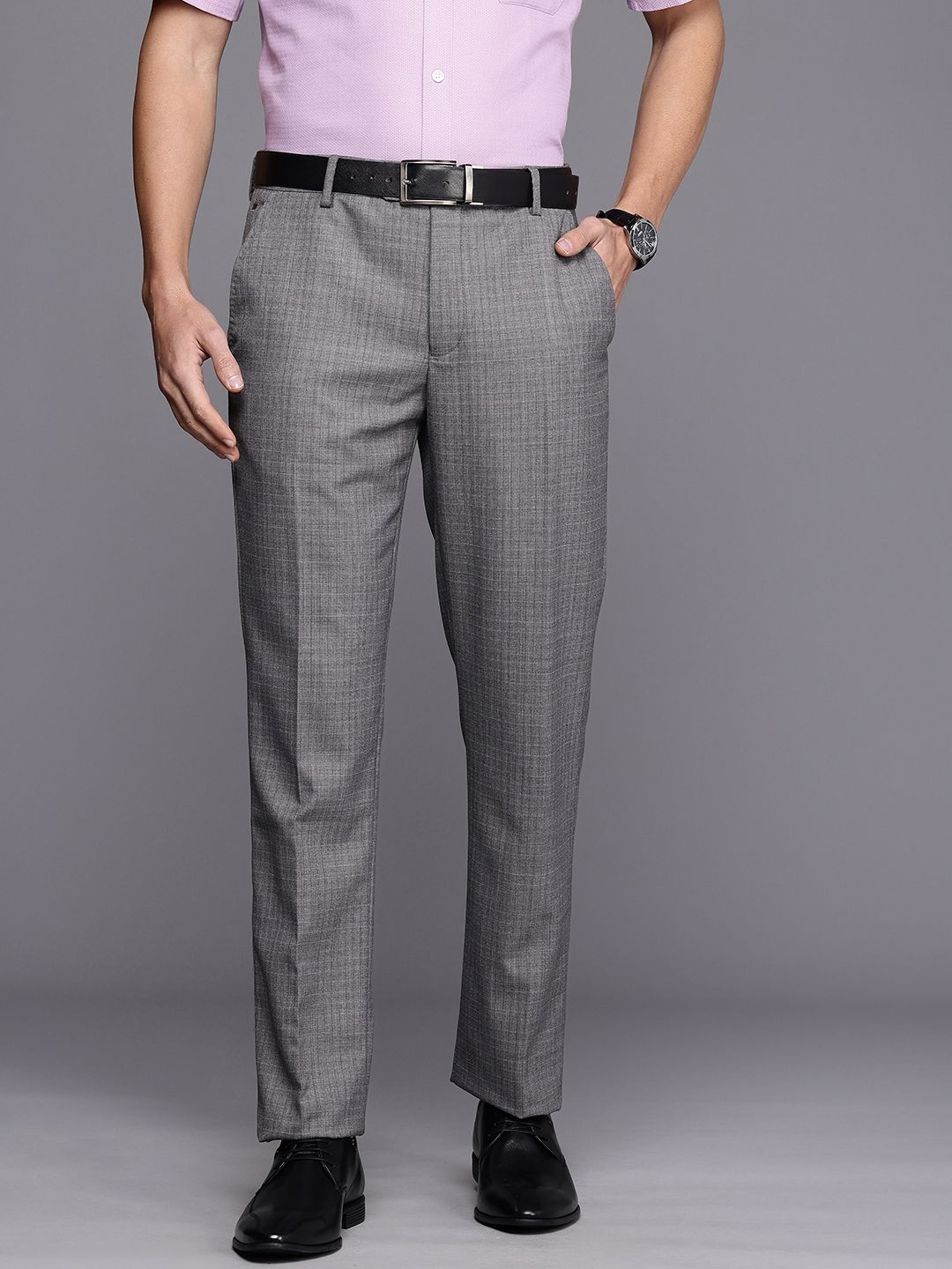

Louis Philippe Men Checked Slim Fit Formal Trousers, Grey