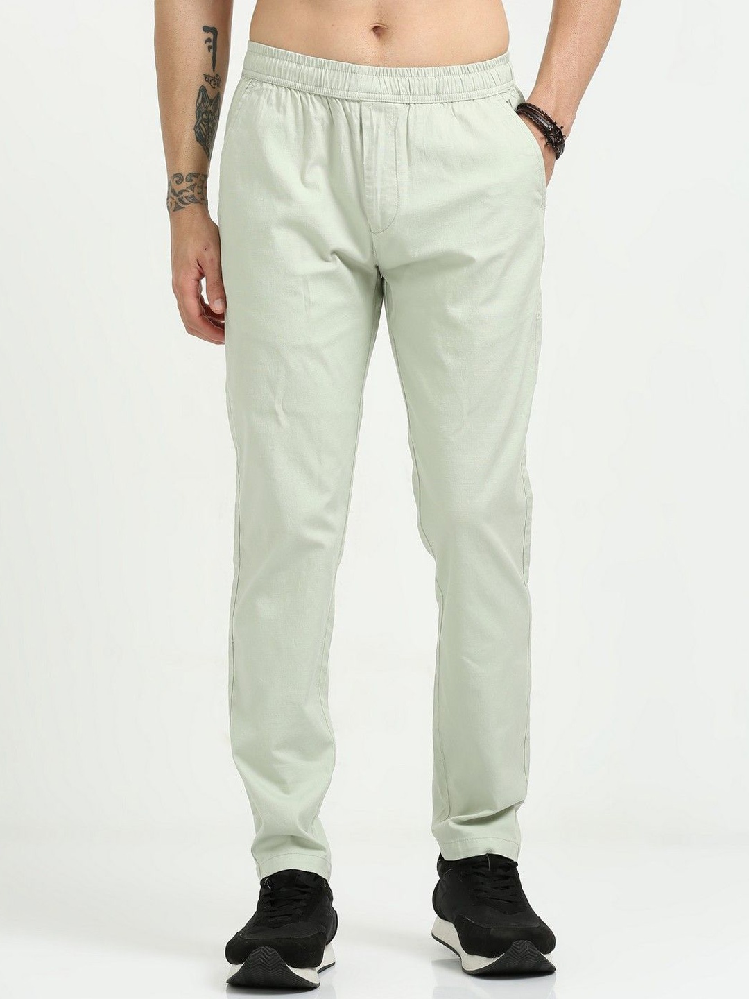 

NEVER NEUD Men Relaxed Comfy Lazy Linen Trousers, Green