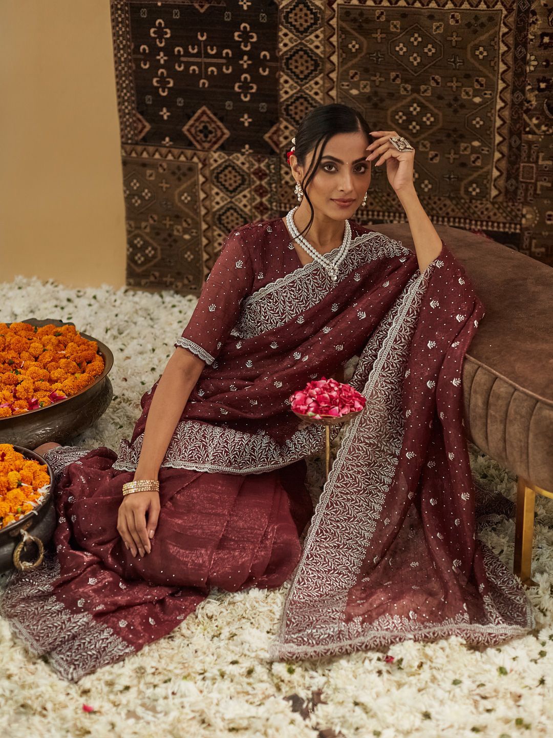 

kasee Floral Zari Silk Blend Saree, Rust