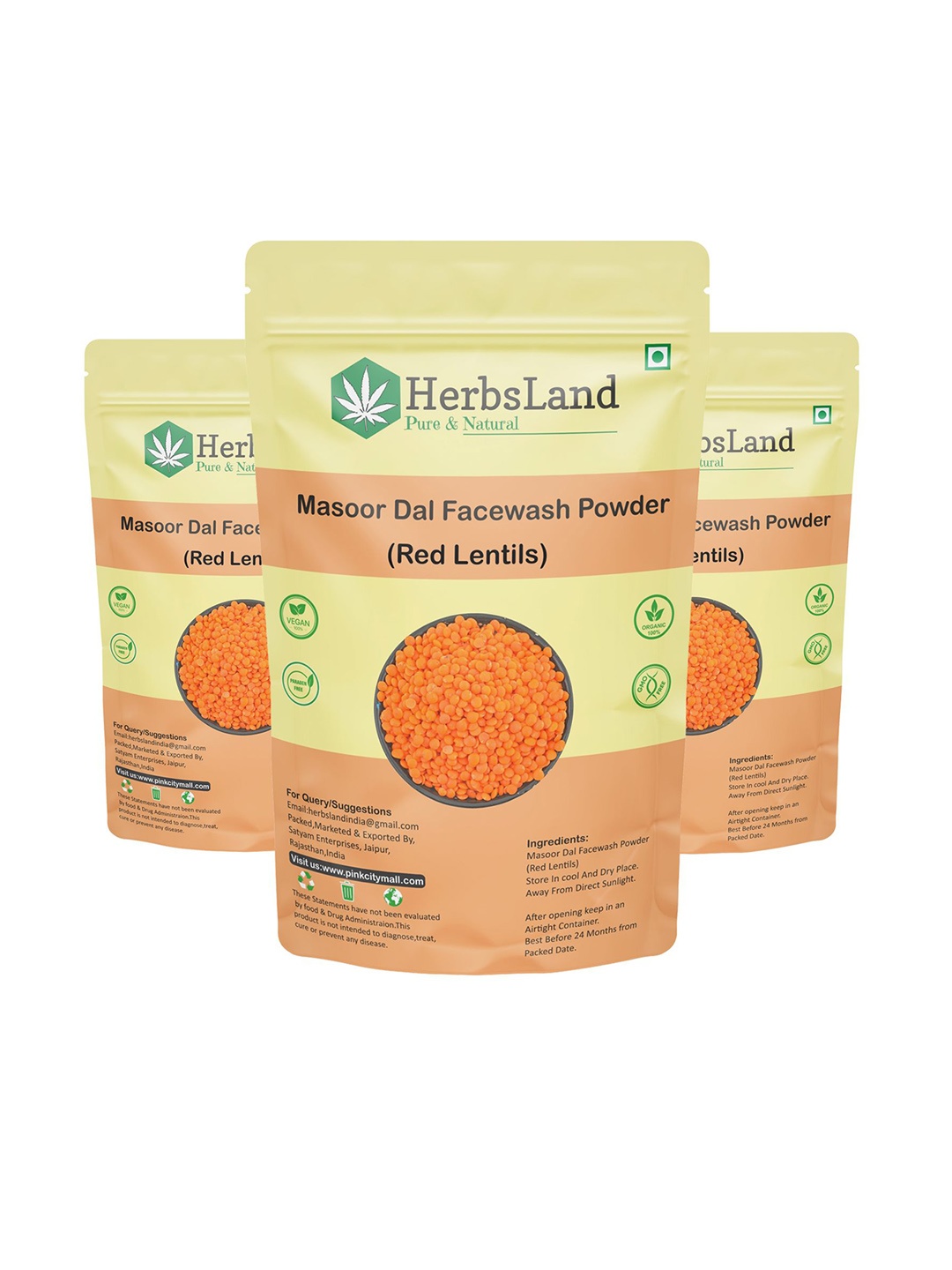 

HerbsLand Set Of 3 Masoor Dal Face Wash Powder - 100 g Each, Orange