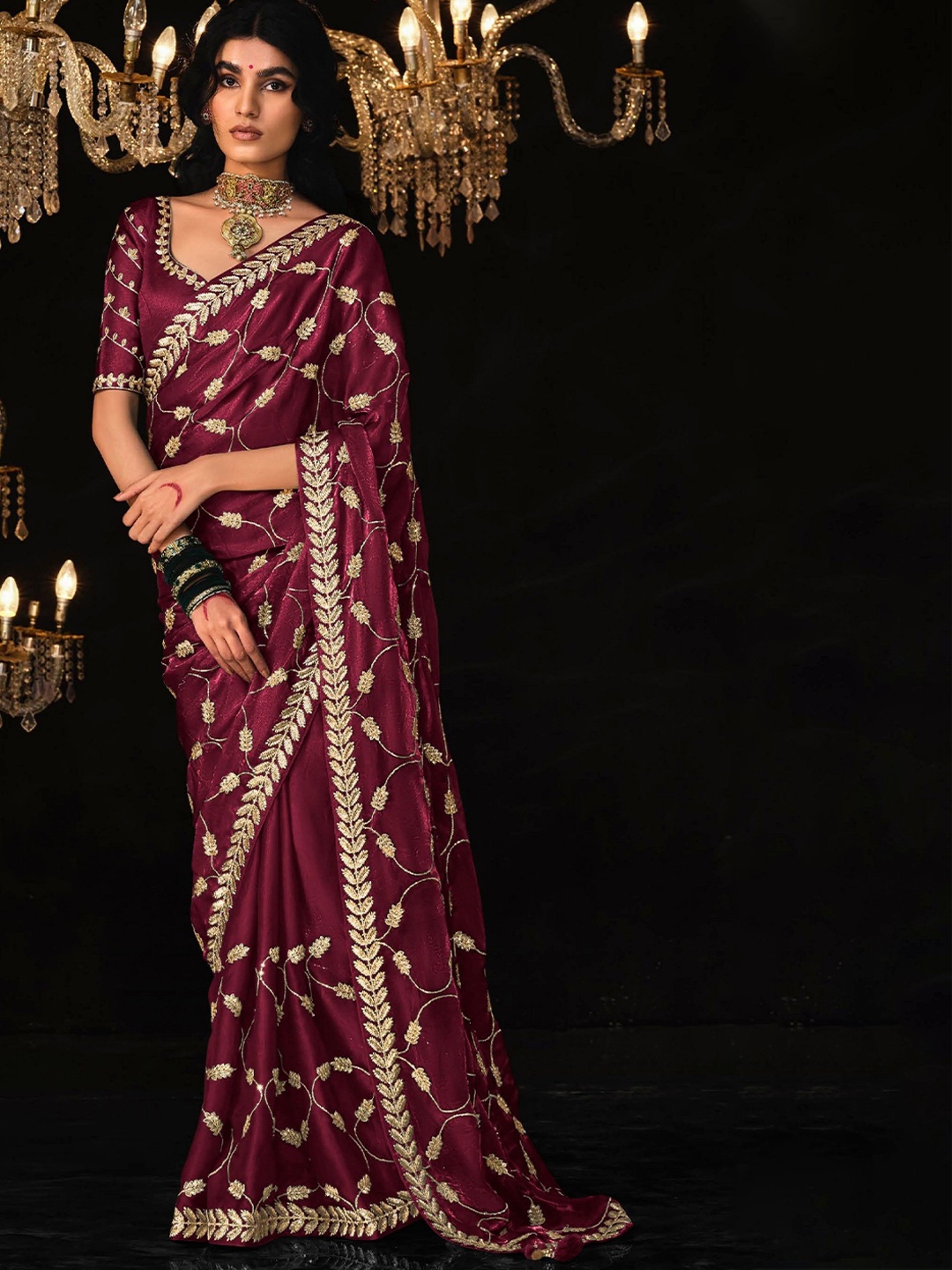 

MAHALASA Floral Embroidered Tissue Saree, Maroon