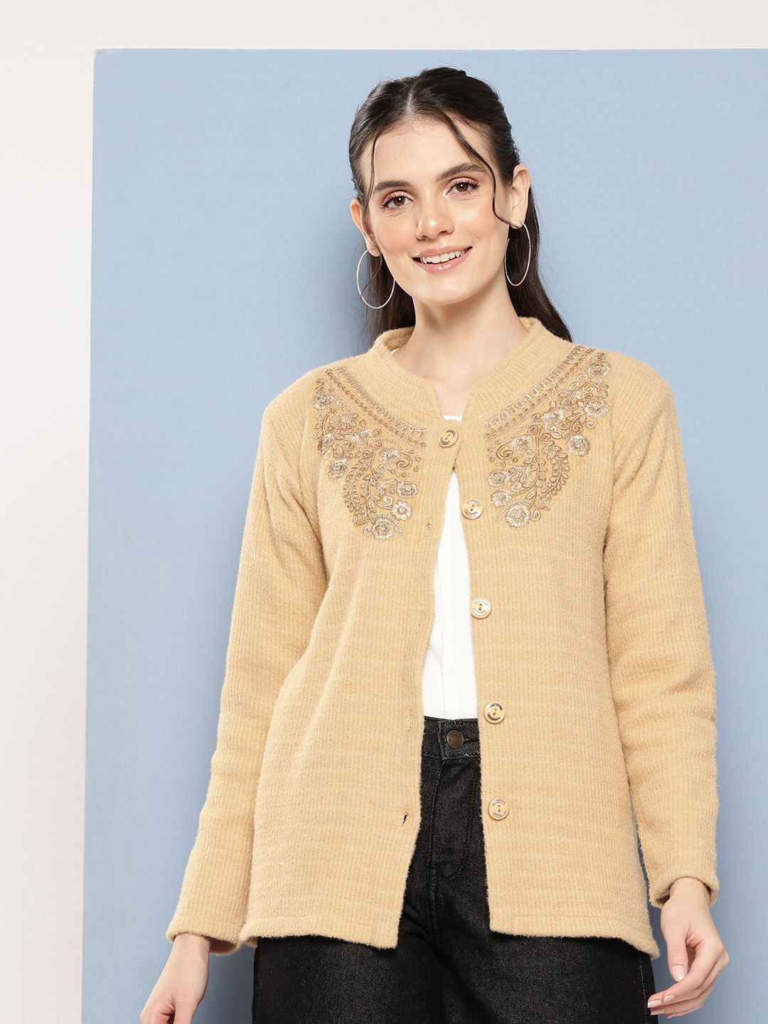 

BAESD Women Printed Woollen Cardigan, Gold