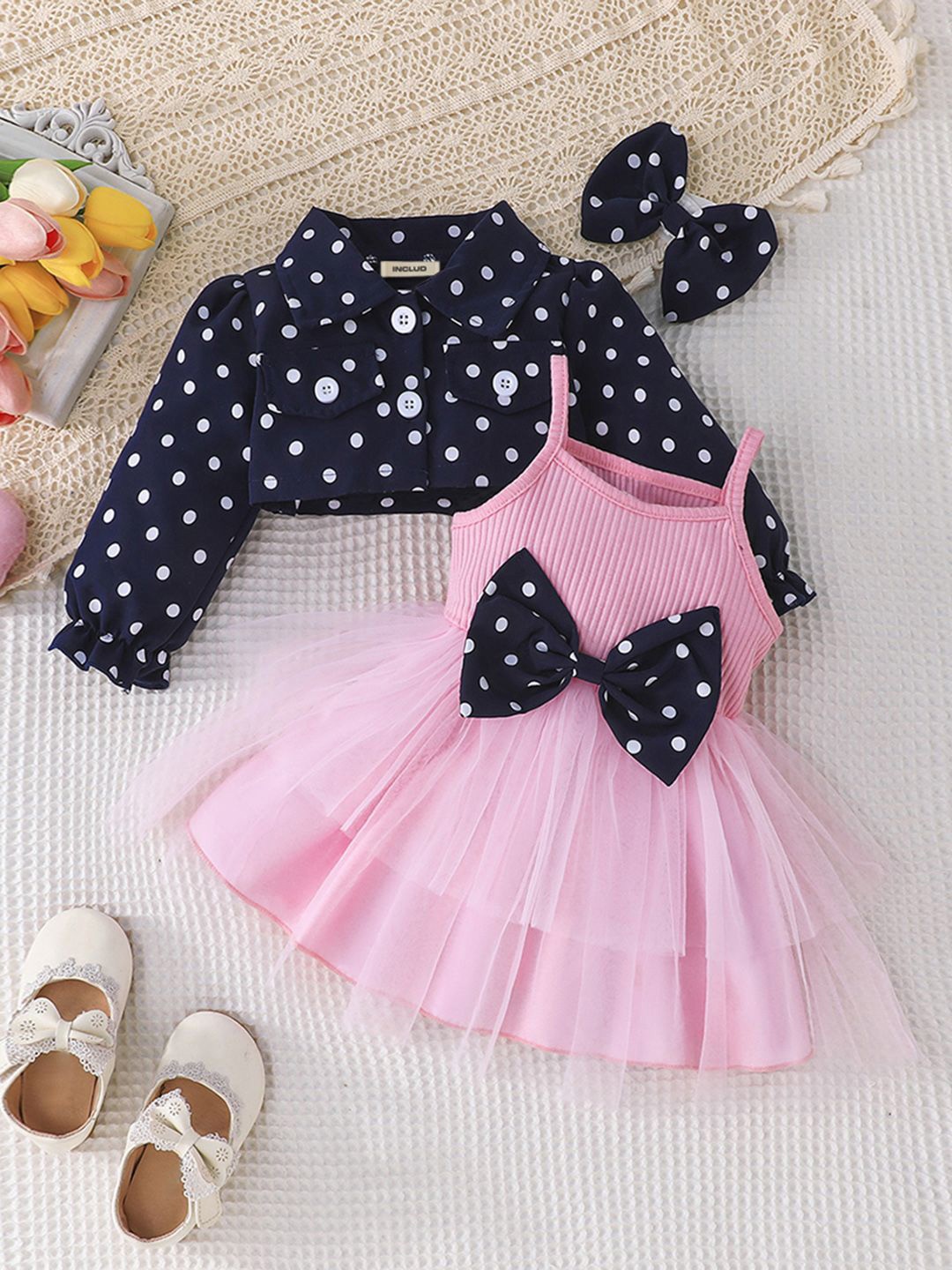 

INCLUD Polka Dot Print Fit & Flare Dress, Pink