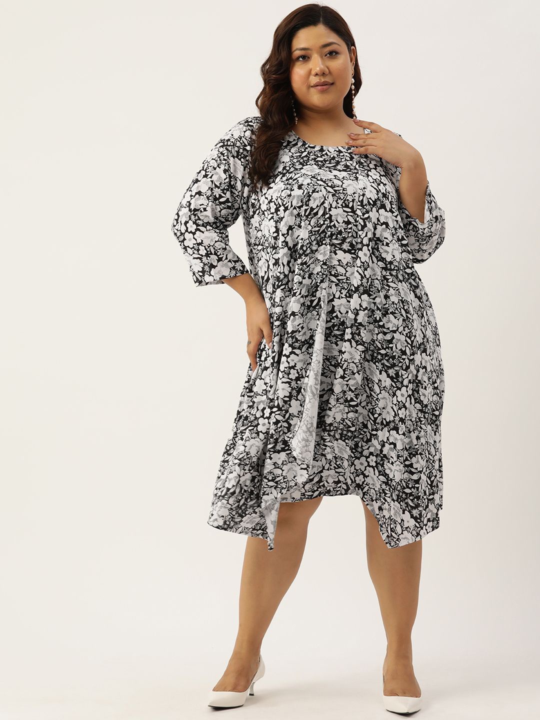 

theRebelinme Floral Print Layered A-Line Midi Dress, Black