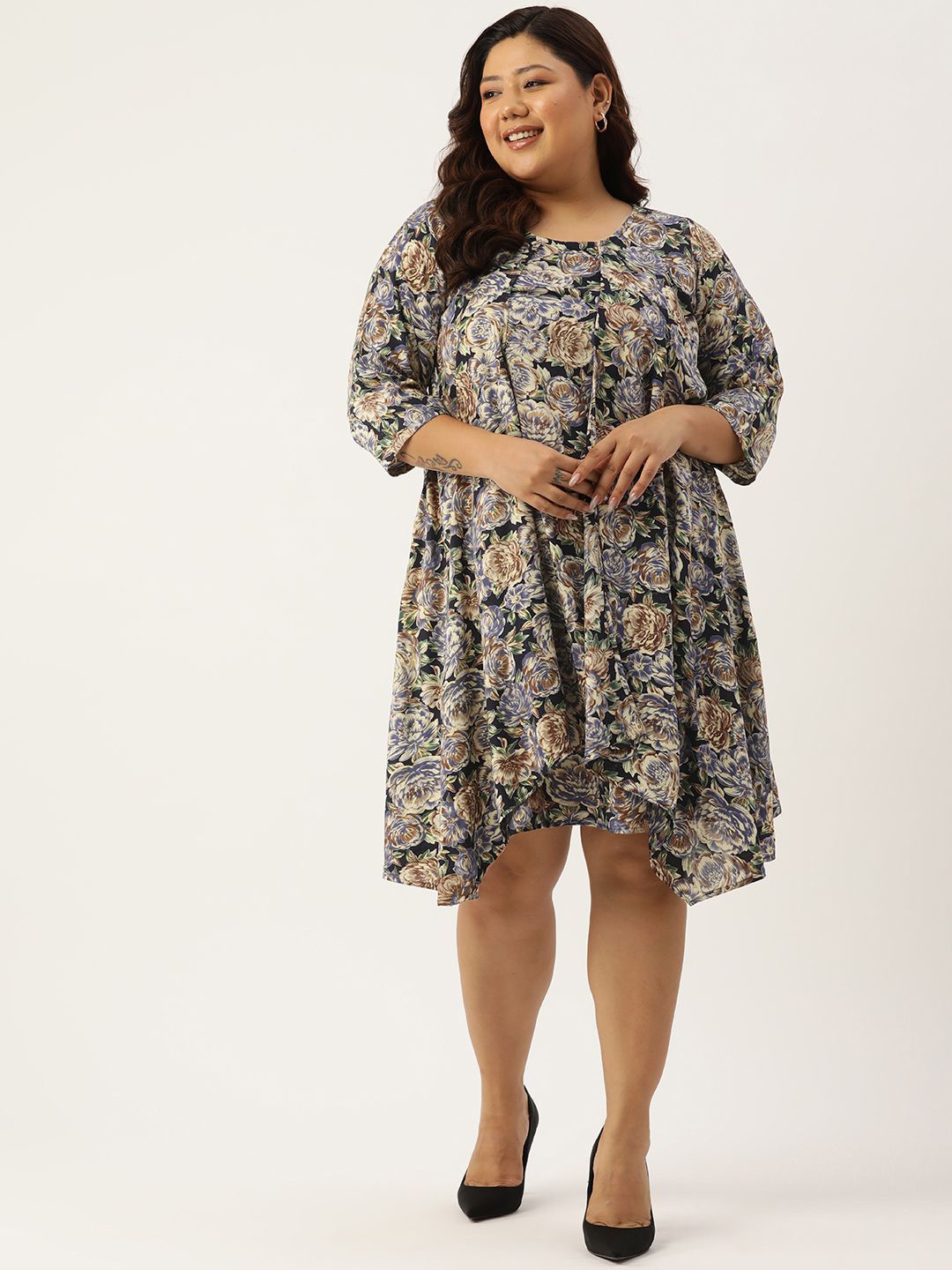 

theRebelinme Floral Print Layered A-Line Midi Dress, Navy blue